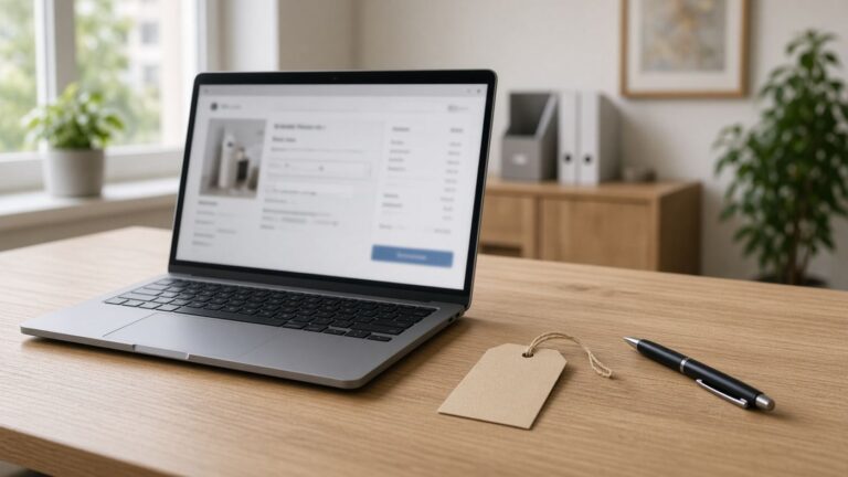 Laptop mit Onlineshop, daneben ein leeres Anhänger-Etikett