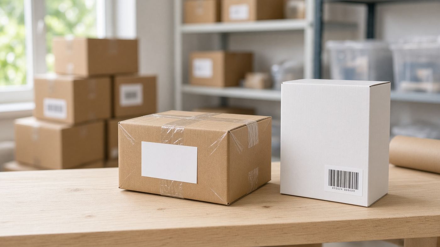 Paket und Produktkarton mit leerem Adressetikett