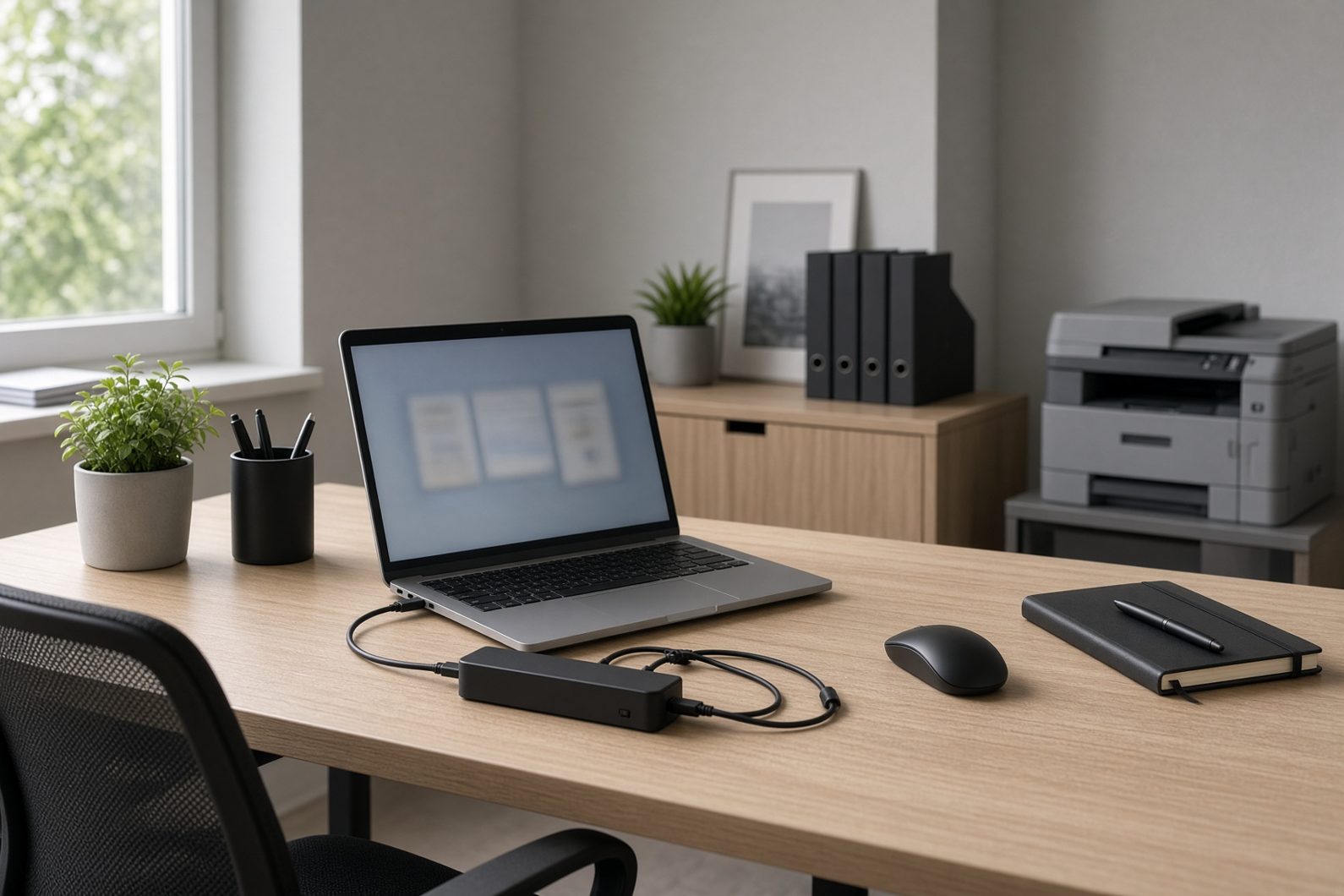 Arbeitsplatz mit Laptop und Drucker